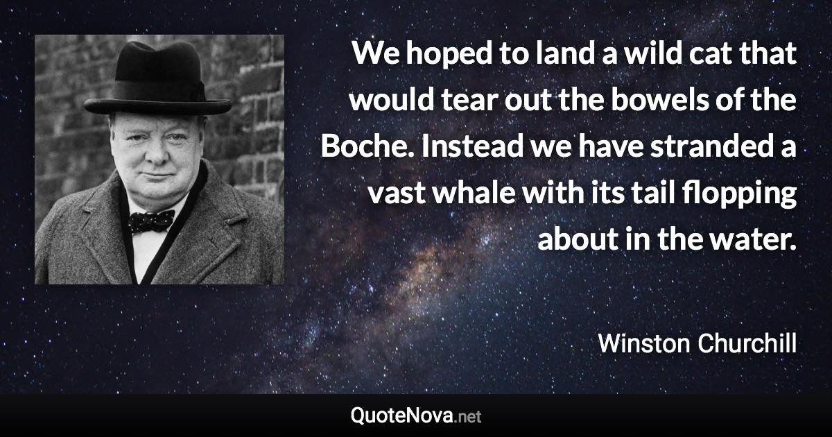 We hoped to land a wild cat that would tear out the bowels of the Boche. Instead we have stranded a vast whale with its tail flopping about in the water. - Winston Churchill quote