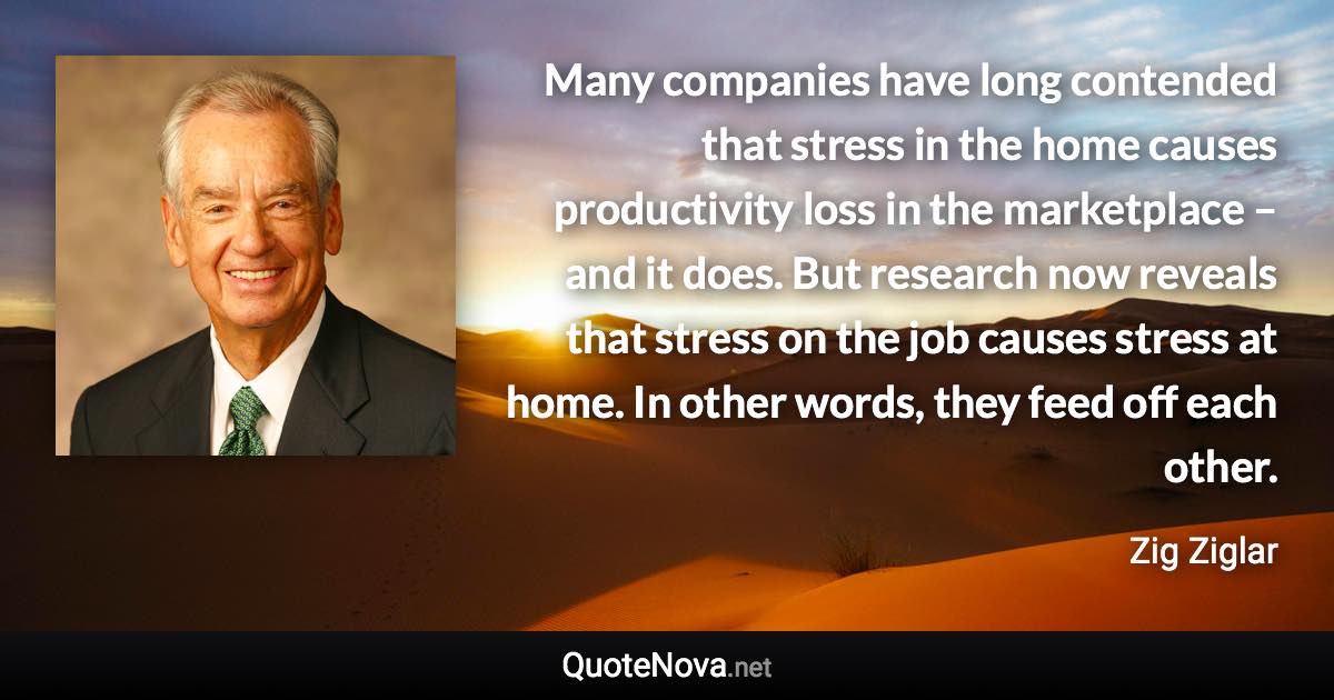 Many companies have long contended that stress in the home causes productivity loss in the marketplace – and it does. But research now reveals that stress on the job causes stress at home. In other words, they feed off each other. - Zig Ziglar quote